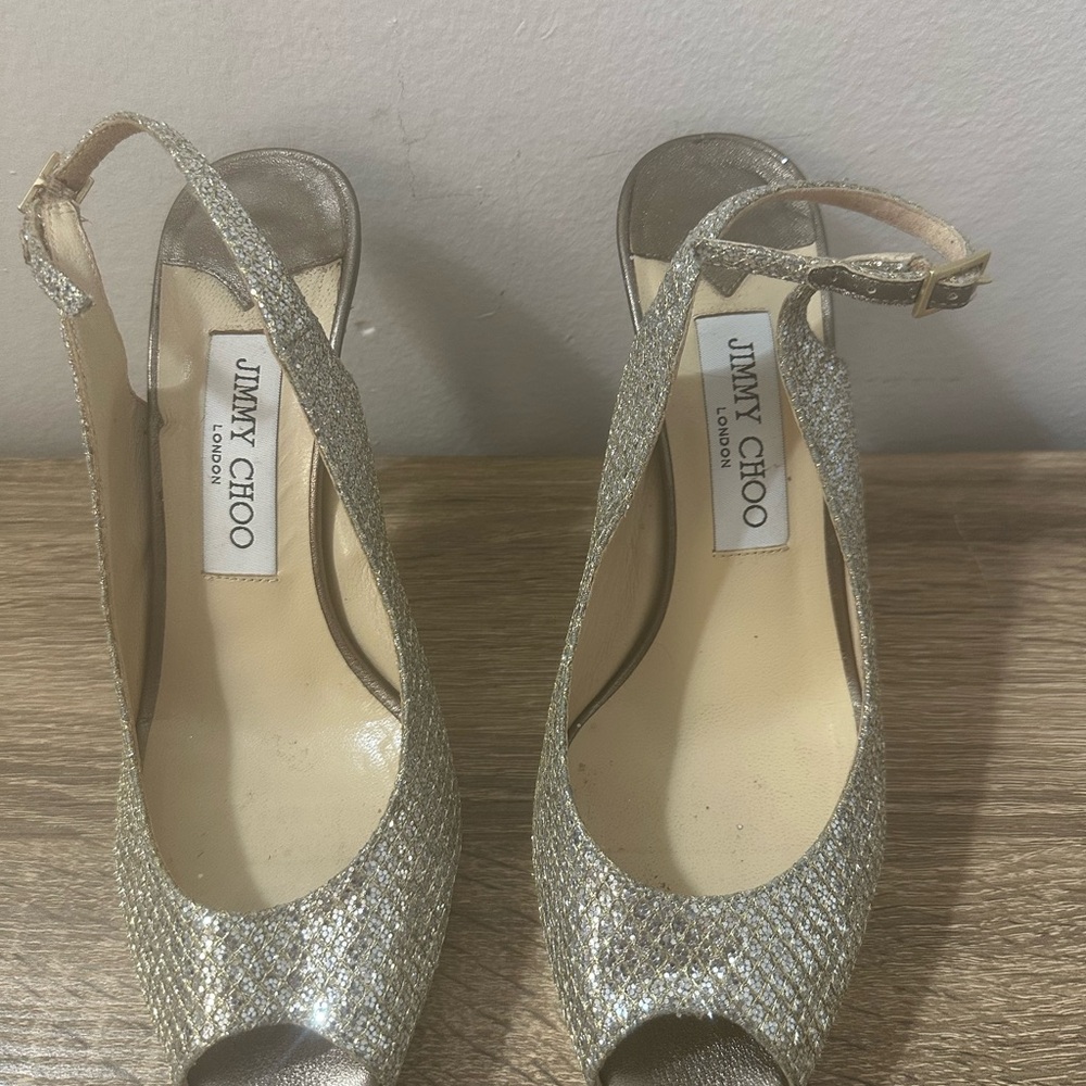 Jimmy Choo Glittering Silver Peep-Toe Heels